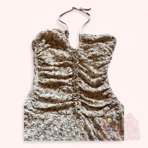 NWOT Dolls Kill Beige Floral Halter Ruched Mini Dress Sz S - Picture 3 of 8